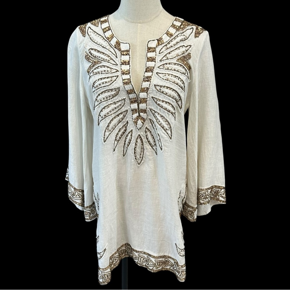 Calypso St. Barth Linen Embroidered‎ Beaded Tunic Top Sz M Beach Cover Up Swim